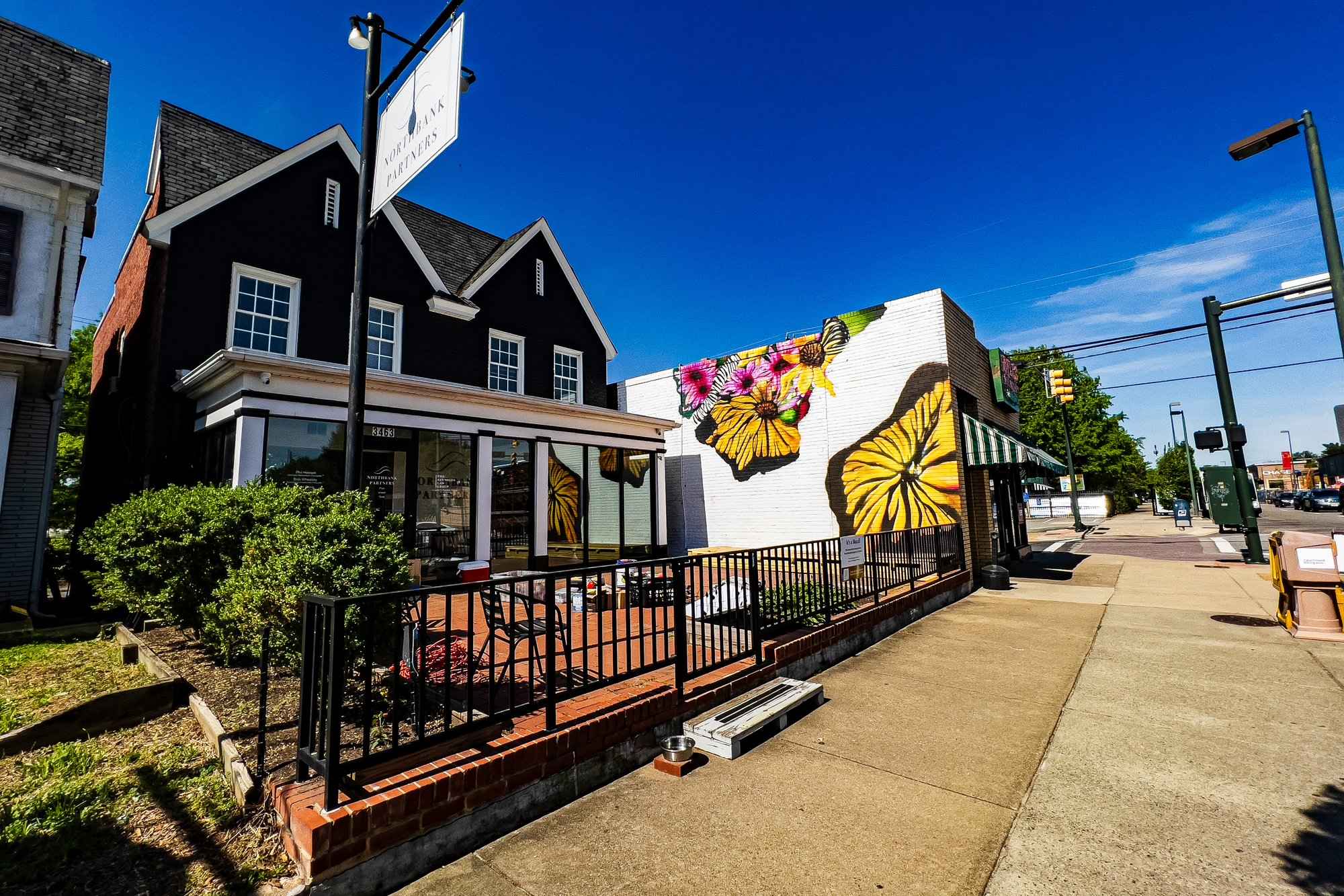 The mural half painted, flowers and a wing on the left and white primer still showing on the right
