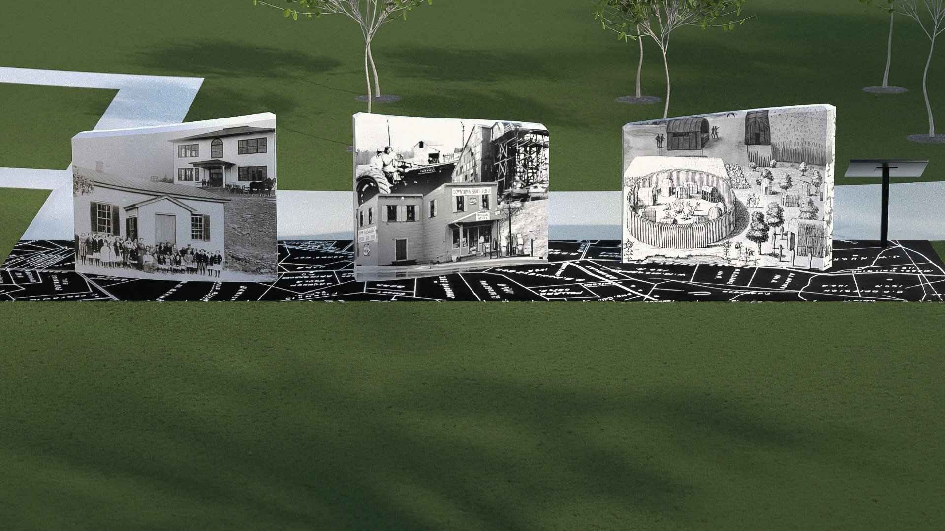A 3D render of the three painted walls on the park lawn, made before any painting