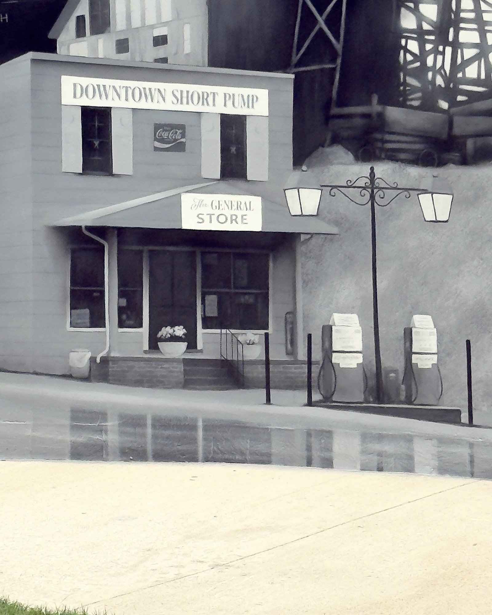 The wall painted from the county's photographs, an old Short Pump storefront in grayscale