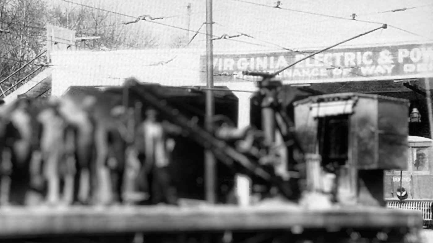 The same photograph enlarged on the sign: Virginia Electric & Power Co., Maintenance of Way Dept., as it was painted on the barn in 1925