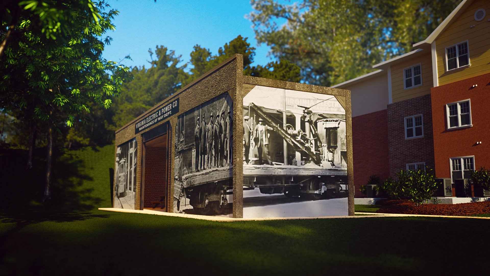 The render from the street side: the streetcar bay, the open bay and the crew on the long wall together