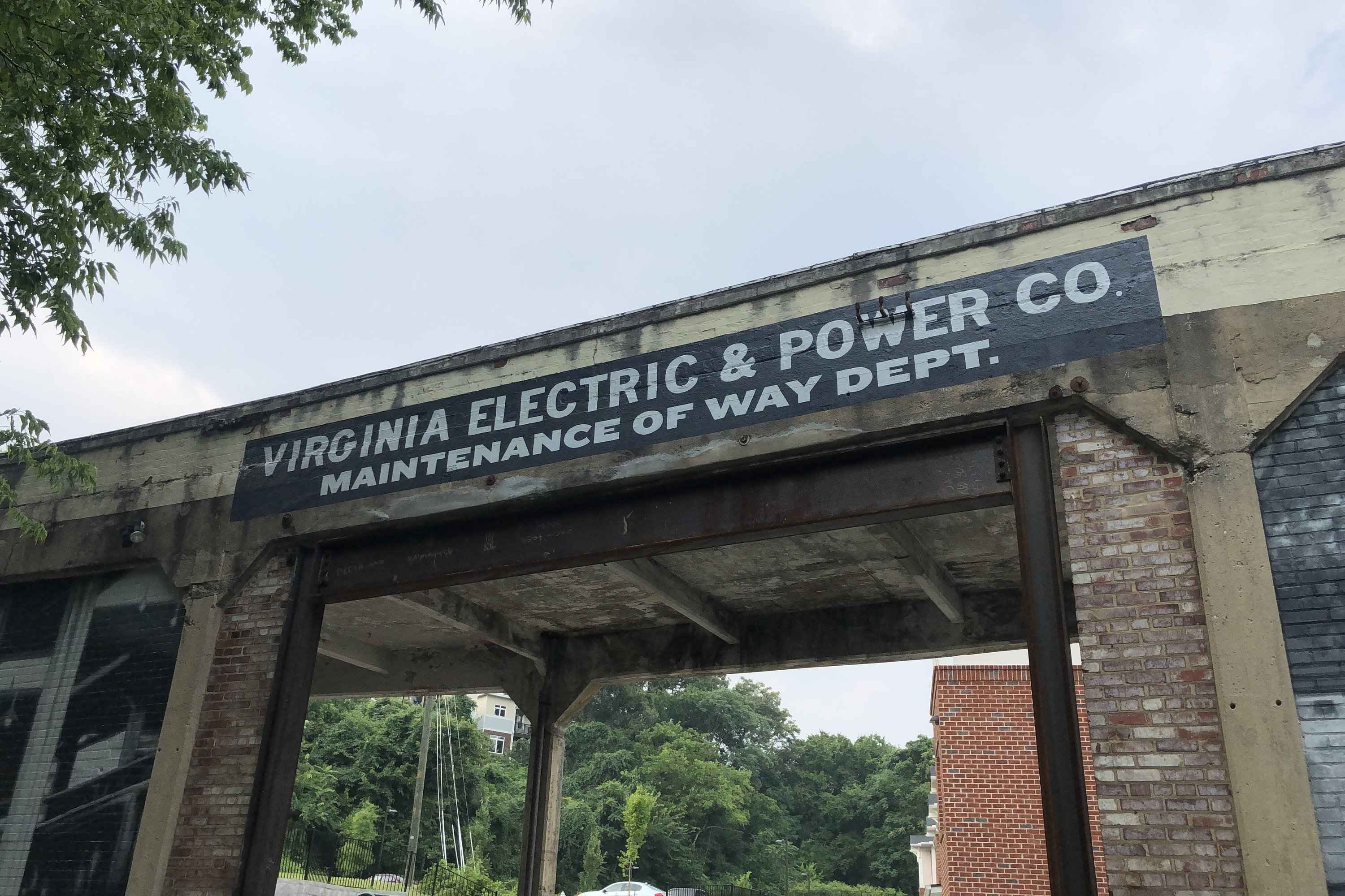 The restored Virginia Electric & Power Co., Maintenance of Way Dept. sign, hand-lettered
